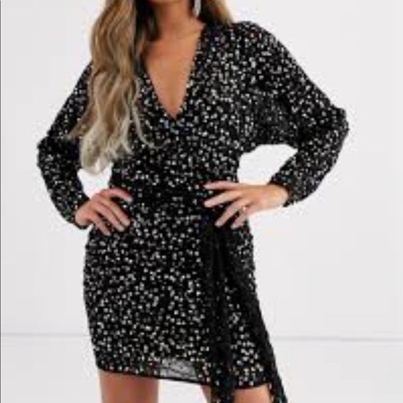 ASOS DESIGN mini dress with batwing sleeve and wrap waist in scatter sequin - Picture 2 of 8
